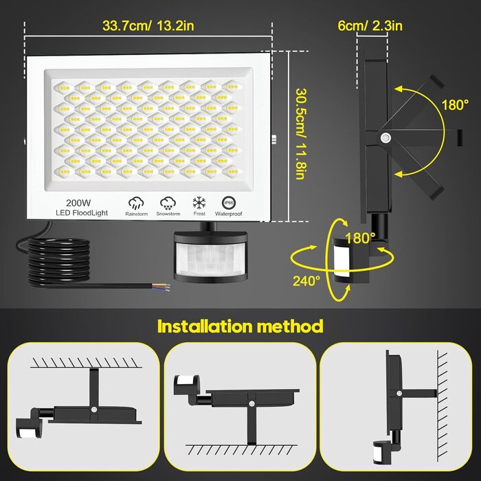 Viugreum LED Floodlight with Motion Sensor 20000lm Outdoor IP66 Waterproof Spotlight 6500K Cool White Outdoor Light Floodlight for Garden (200w, 2PCS)