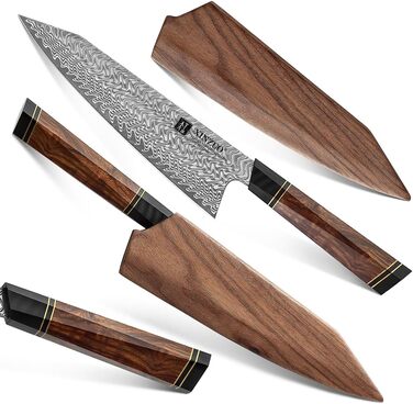 Японський ніж для кухні XINZUO Damaststahl 21.5 см, Kiritsuke, професійний, ручної роботи, з нержавіючої сталі Дамаск, дерев'яний потиск, магнітний чохол, подарункова коробка з акації