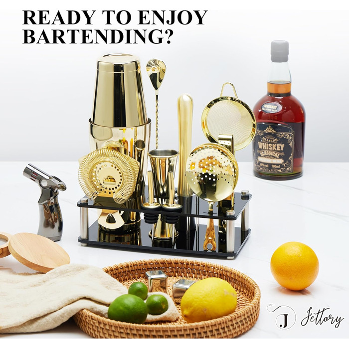 Набір шейкерів Boston - 16 предметів з нержавіючої сталі з акриловою основою, набір для приготування коктейлів (золотий)