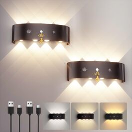 LED-стінні світильники на батарейках YrgePowk з датчиком руху, 6000mAh, 3 кольори, USB-зарядка, 2 шт. (білий/чорний)