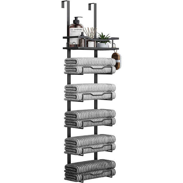 Настінний тримач для рушників у ванну кімнату, без свердління, 6-ступенева наддверна полиця для рушників, багаторівневий органайзер для рушників на двері, чорний, великий