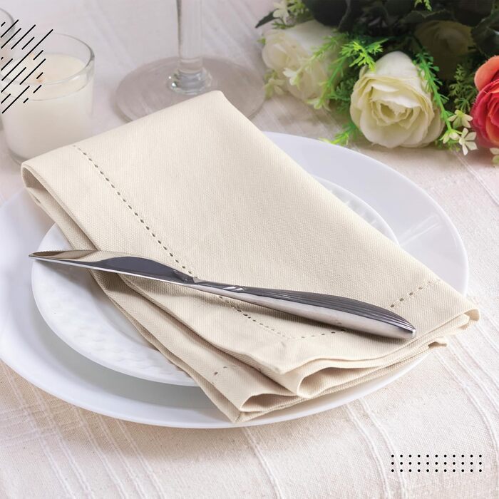 Encasa XO Cloth Napkin Set of 12 | Pure Cotton with Hemstitch Design | Natural | Square Size 43x43 cm | Table Napkins – Machine Washable & Reusable