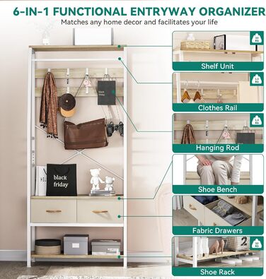 YITAHOME Entryway Bench with Shoe Cabinet, Freestanding Coat Rack with Bench and 2 Folding Drawers, Industrial Coat Rack with 8 Hooks for Entryway, Living Room, Bedroom, Metal Frame, Rustic Brown (Beige)