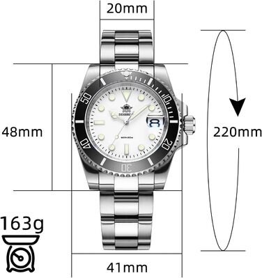 Чоловічий годинник ADDIESDIVE з кварцовим механізмом, аналоговий дисплей, водостійкий (20bar), сталевий браслет, великі світні стрілки (білий)