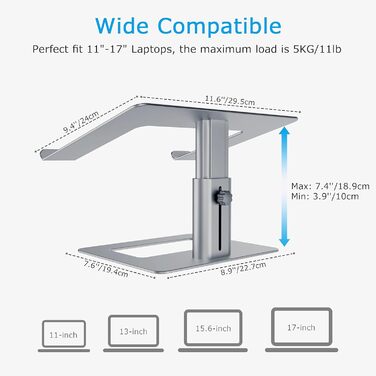 Adjustable Laptop Stand Riser - Ventilated Aluminum Notebook Holder for Desk - Compatible with 10-17