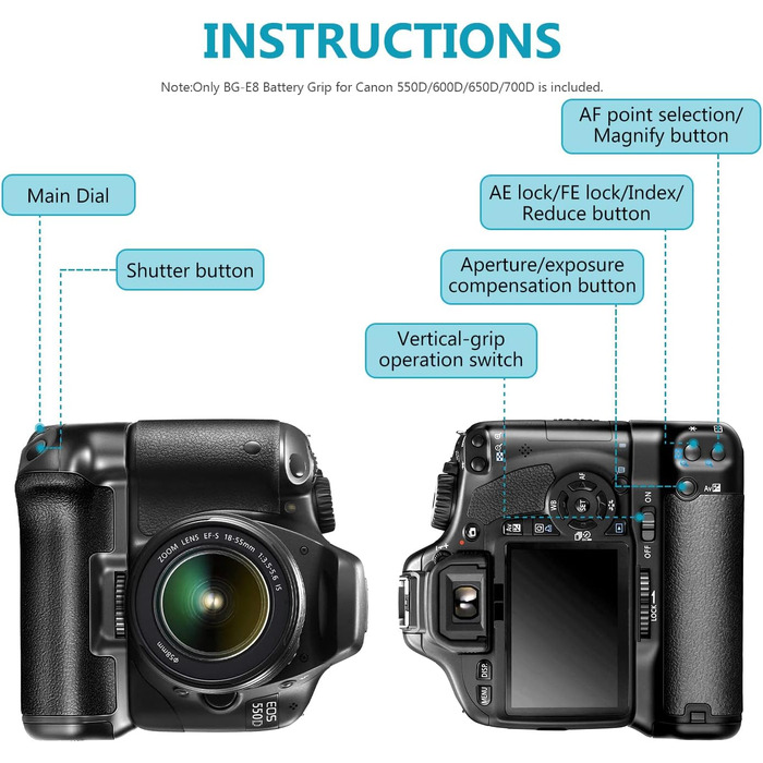 Замінний акумуляторний хват Neewer BG-E8 для Canon EOS 550D, 600D, 650D, 700D, Rebel T2i, T3i, T4i, T5i (SLR Digital Camera)