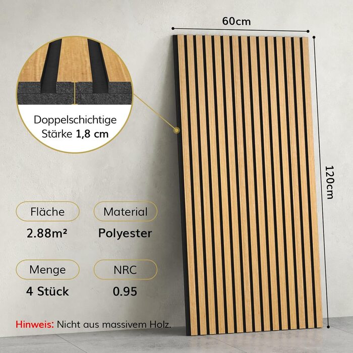 Акустичні панелі TONOR самоклеючі для звукоізоляції, 120x60x1.9 см, шумопоглинаючі панелі для студії, офісу та дому, колір Тик (набір 4 шт)