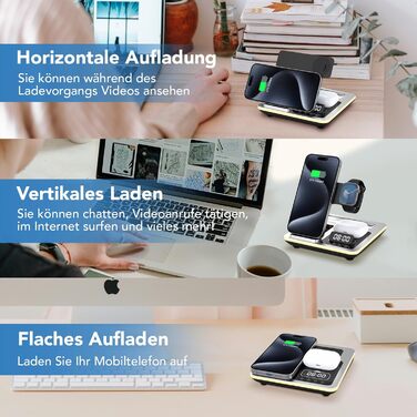 Багатофункціональна зарядна станція Hatalkin 5 в 1 для iPhone, Apple Watch та AirPods Pro. З функцією будильника та нічника, срібна