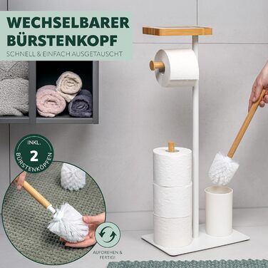 Набір для туалету Eluno 4в1: щітка для унітазу, тримач рулонів, полиця, бамбук/метал (білий)