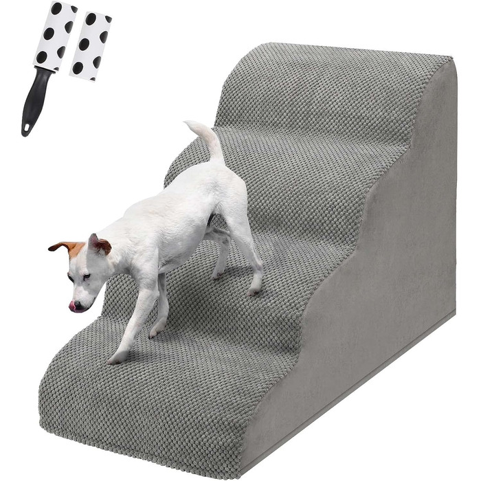 LIANTRAL Dog Stairs, 3 Steps Dog Staircase for Bed and Sofa, Made of High-Density Sponge, Cat Stairs Dog Ramp with Removable, Washable Cover and Pet Hair Remover Roller, 40 cm High (4 Steps Grey)
