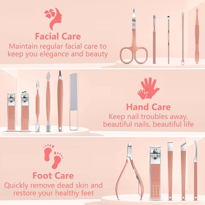 Набір для манікюру та педикюру, 16 шт. з нержавіючої сталі, професійний набір для догляду за нігтями з портативним шкіряним етиулюком, чорний/рожевий