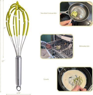 Силіконовий вінчик для збивання з лопатками, нержавіюча сталь 18/10, з антипригарним покриттям, безпечний для сковороди, ергономічна ручка, ідеальний для змішування, збивання та перемішування, 27,9 см (зелений)