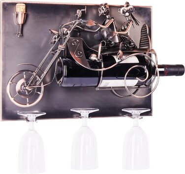 BRUBAKER Motorcycle Wine Bottle Holder Set - Wall Art Picture Metal - with 3 Glass Holders - including Greeting Card for Wine Gift