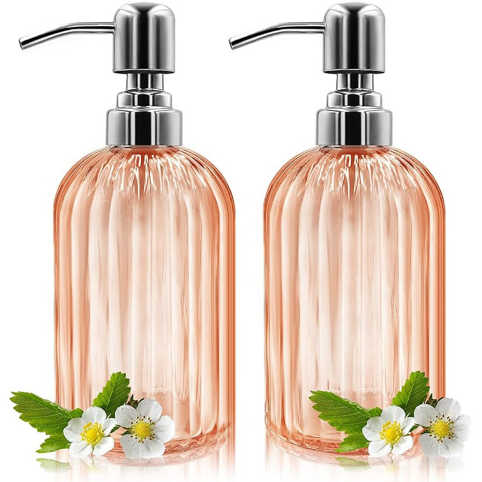 Скляні дозатори для мила 2 шт. по 400 мл з нержавіючою сталею, наповнювані, для ванної, кухні, стільниці (бурштиновий помаранчевий)