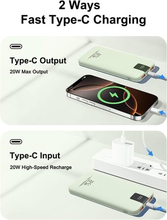 Powerbank 10000mAh 22.5W з LCD-дисплеєм: Швидка зарядка, 3 виходи, 2 входи, USB-C, для смартфонів та планшетів (зелений)