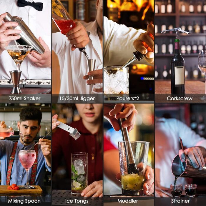 Cocktail Set 750ml Cocktail Shaker, 24pcs Bar Accessories Coctail Mixer Set Barkeepers Friend Jigger, Boston Shaker Bartender Set Decoration for Men Women (Type 4)