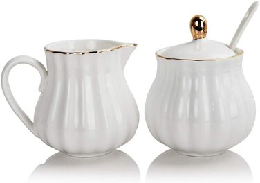 Sweejar Home Royal Ceramic Sugar and Creamer Set, 3-Piece Set with Cream Pitcher, Sugar Bowl, Sugar Set with Lid and Spoon, Coffee Service, Wedding Gift (White, New)