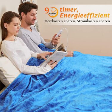 Електрична ковдра Mia&Coco з автовимкненням, 180x200 см, 10 рівнів нагріву, таймер до 9 годин, захист від перегріву, блакитна