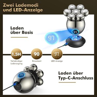 Електричний голєний апарат ETENTOUS Glatzen Rasierer для чоловіків 6-в-1, з 7 ротаційними головками та тримером для бороди, водонепроникний (IPX6), USB-C, для гоління голови та бороди