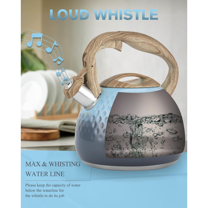 Чайник для заварювання чаю Teekessel 2,7 л з емальованим покриттям, зелений колір з імітацією дерева, з носиком-свистком, з нержавіючої сталі, антипригарне покриття, зручна ручка оливкового кольору з переходом у блакитний