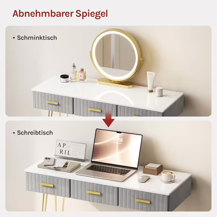 WOLTU Vanity Table with Mirror and Stool, Dressing Table with 3 Drawers Made of Solid Wood, Large High-Gloss Tabletop, Modern Cosmetic Table from Velvet and Metal, White, MB6080gr (Grey, 100x40cm with LED Lighting)