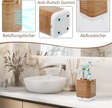 Тримач для електричної зубної щітки з підставкою для насадок, органайзер для ванної кімнати, стаканчик для зубної пасти, знімний тримач для зубних щіток з отвором для зливу (дерев'яна текстура)