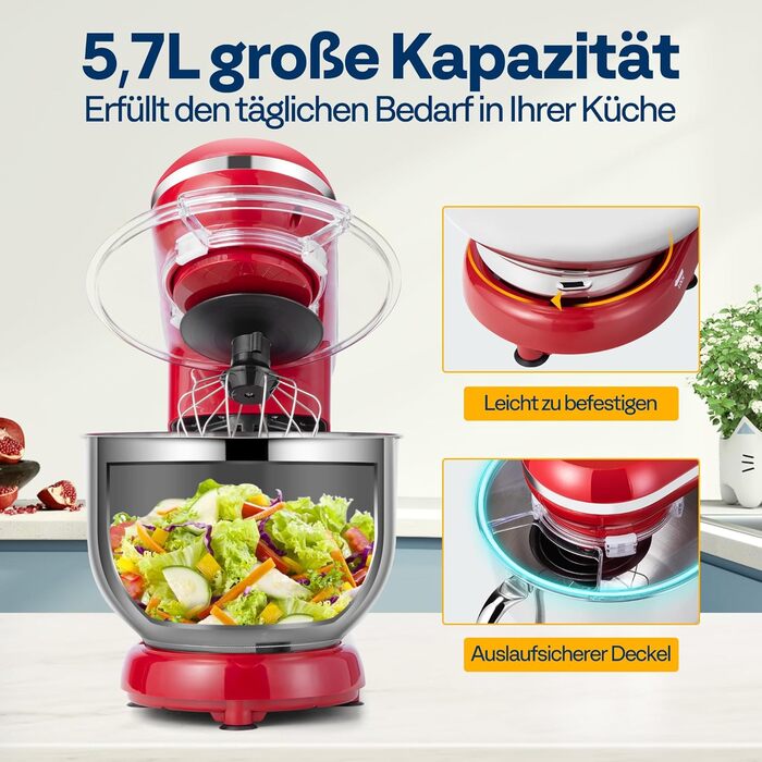 Кухонний міксер VIVOHOME 660 Вт, 10 швидкостей, 6 літрів, електричний, з набором насадок (міксер, гак для тіста, вінчик, сепаратор)