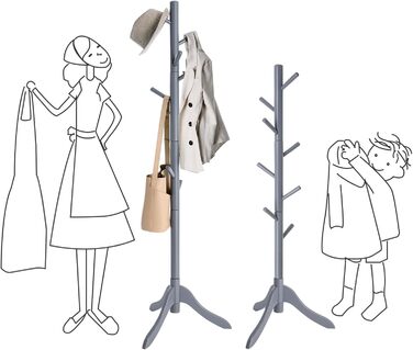 VASAGLE Coat Rack, Solid Wood Clothes Rack, Coat Stand with 8 Hooks, Tree Shape, 3 Adjustable Heights, for Coats, Jackets, Bags, for Entryway, Bedroom, Grey RCR01GY