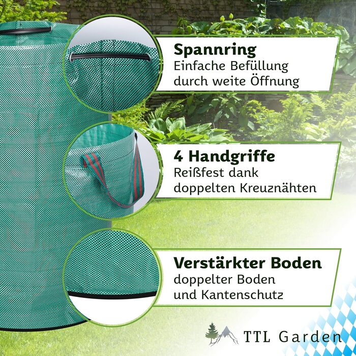 Садові мішки TTL Garden 272 л, 6 шт, посилене дно, самостійно стоять, 4 ручки, 150 г/м², великі та міцні, для трави, листя, гілок і садового сміття