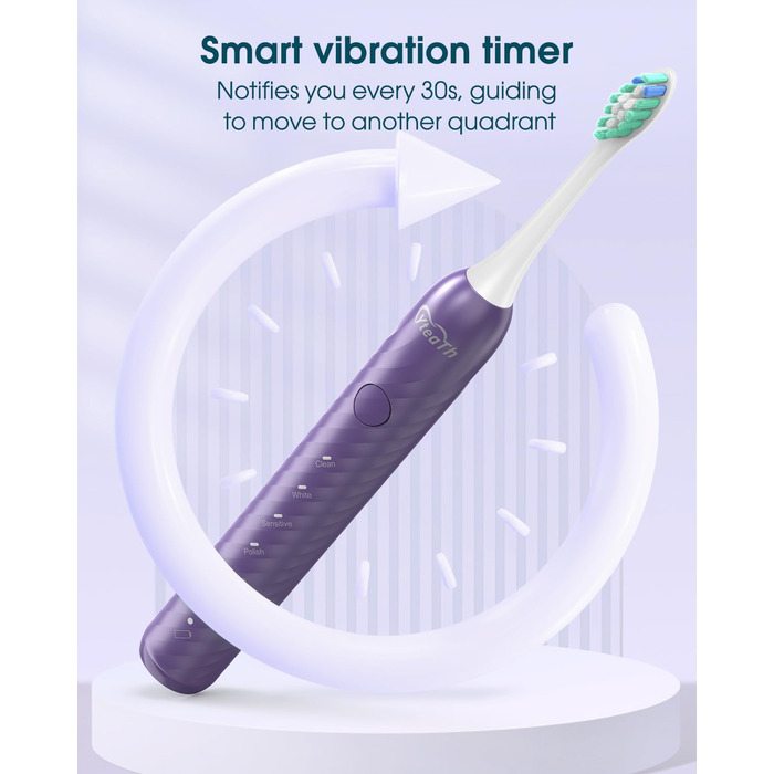 Електрична зубна щітка для дорослих з 6 насадками, акумуляторна звукова, фіолетова (1 шт.) - тривала робота до 180 днів