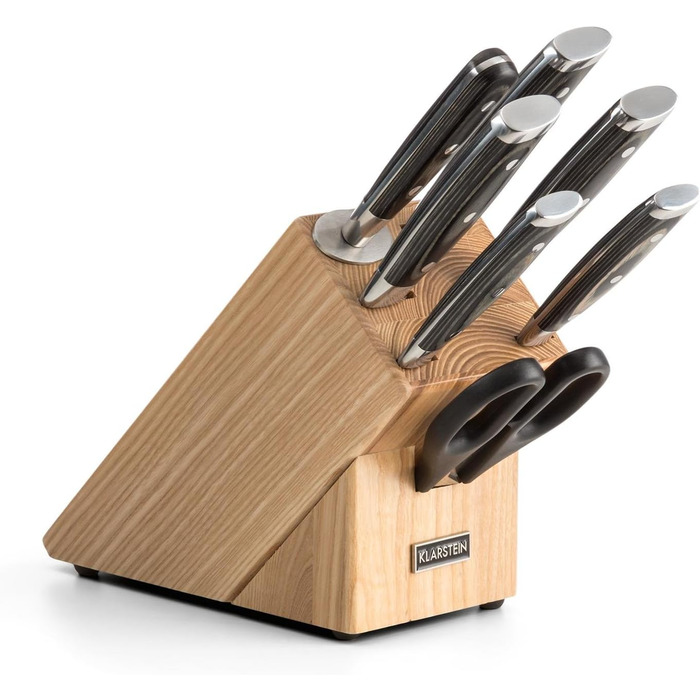 Klarstein Katana 8 Professional Knife Set - 8-Piece Stainless Steel Kitchen Knife Set with Block, Brown Wood Block
