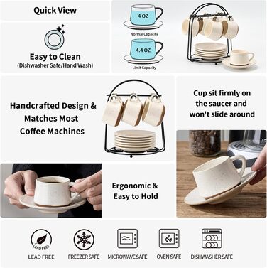 Набір керамічних чашок та підставок для кави з металевим стійкою (6 шт., 130 мл) - Cappuccino, Espresso, Latte, Americano, Чорний колір