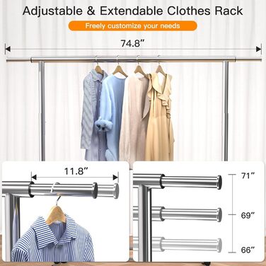 Camabel Clothes Rack with Wheels, 303lbs Clothes Stand, Metal, Adjustable Length 130-189cm (51-75in), Stainless Steel, Wheels, Rolling Garment Rack, Extendable, Clothes Hanger with Brake, Metal Wardrobe Stand