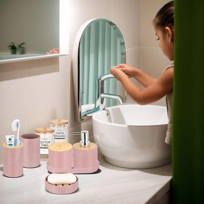 Набір для ванної кімнати IMAVO, 26 предметів: аксесуари для ванної, душова завіса, килимок, сміттєвий бак, піднос, дозатор для мила, мильниця, тримач для зубних щіток, стаканчик для зубних щіток (рожевий)
