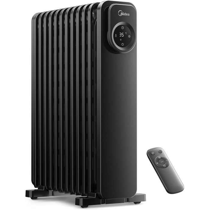 Електричний масляний радіатор Midea 2000W з 9 ребрами, термостатом та захистом від перегріву, тихий нагрівач для дому та офісу, чорний