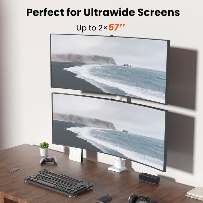 Кріплення для моніторів Halterung - 2 шт. один над одним, для моніторів 24-57 дюймів (плоских та вигнутих), вантажопідйомність 2-27 кг на кріплення, регулювання висоти, 2 варіанти монтажу/VESA 75/100 мм (білий)