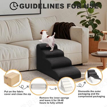 Сходинки для собак, 4 сходинки, для ліжка та дивана, з щільного поролону, знімний чохол, для маленьких собак, колір чорний