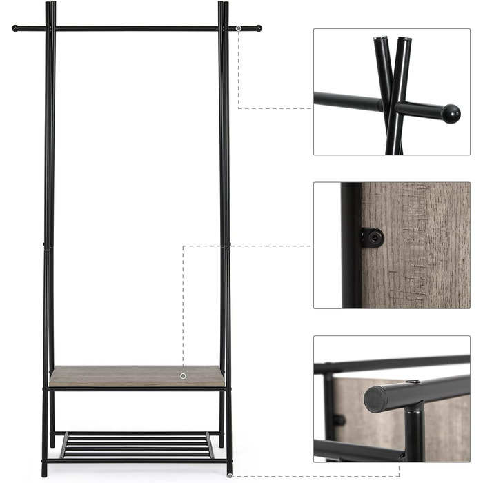 Coat rack, clothes rack, wardrobe with shoe storage, metal frame, for hallway, living room and veranda, retro-industrial clothes rack, 64cm x 41cm x 162cm, (Grey)
