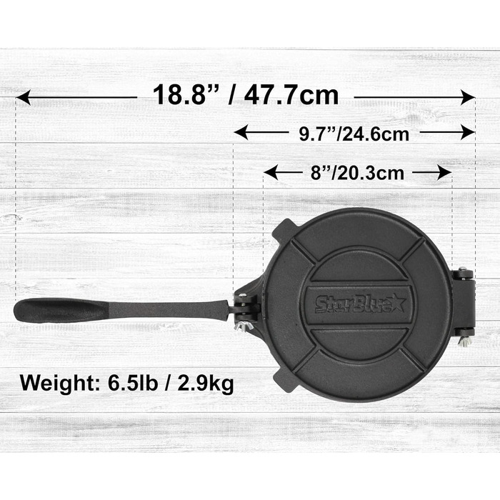 Пресс для тортилій StarBlue з чавуну, 10 дюймів (25 см) + 100 листів паперу для масла + електронна книга з рецептами - для приготування чапати, тортилій, роті (8 дюймів)