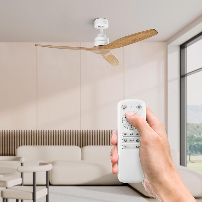 Стеляний вентилятор Ufesa 132 см, 40 Вт, 6 швидкостей, тихий, з 3 дерев'яними лопастями, функція літо-зима, таймер 8 годин, пульт, білий та світле дерево (без світла)