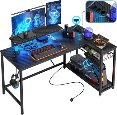 Кутовий стіл Bestier 132x80 см з розетками та LED-підсвічуванням, з полицями, для ПК, з гачками, чорний, з імітацією карбону