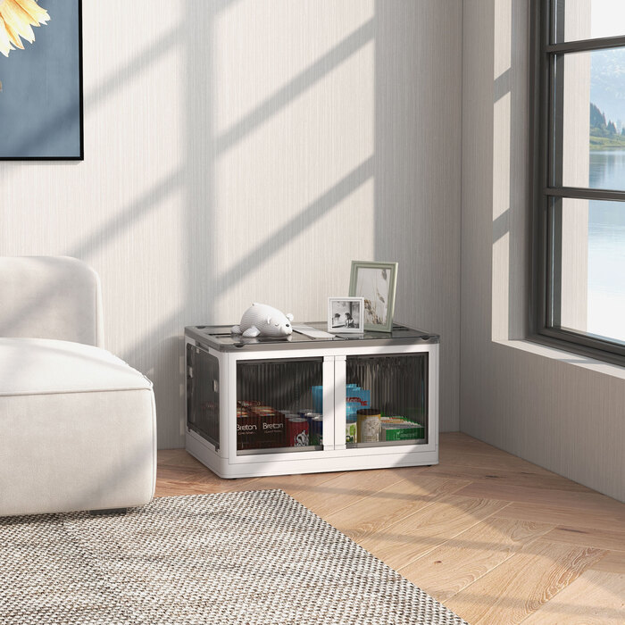 Outsunny Storage Box Chest 69L Stackable Cushion Box with Wheels Foldable Storage Box 5-Sided Access in White