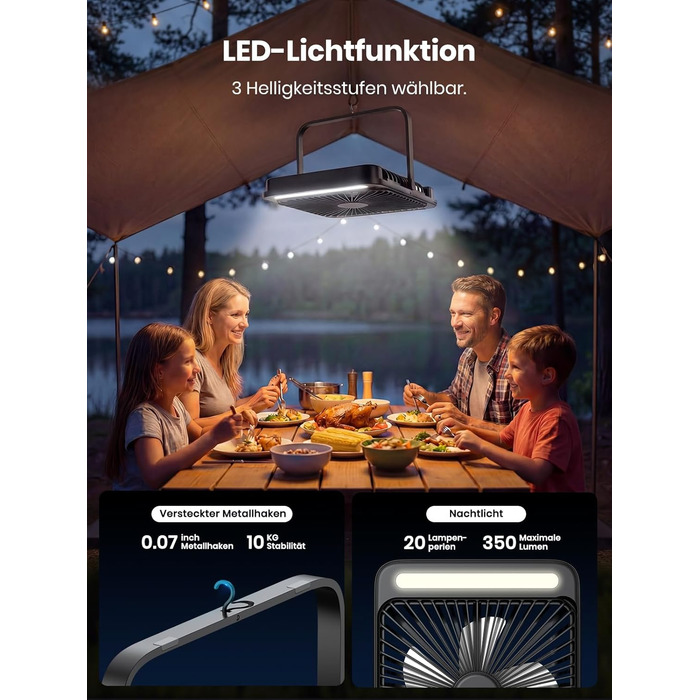 Вентилятор для кемпінгу Warmco 20000mAh з лампою та дисплеєм, 15-48 годин роботи, тихий, ультратонкий, з гачком, USB, чорний