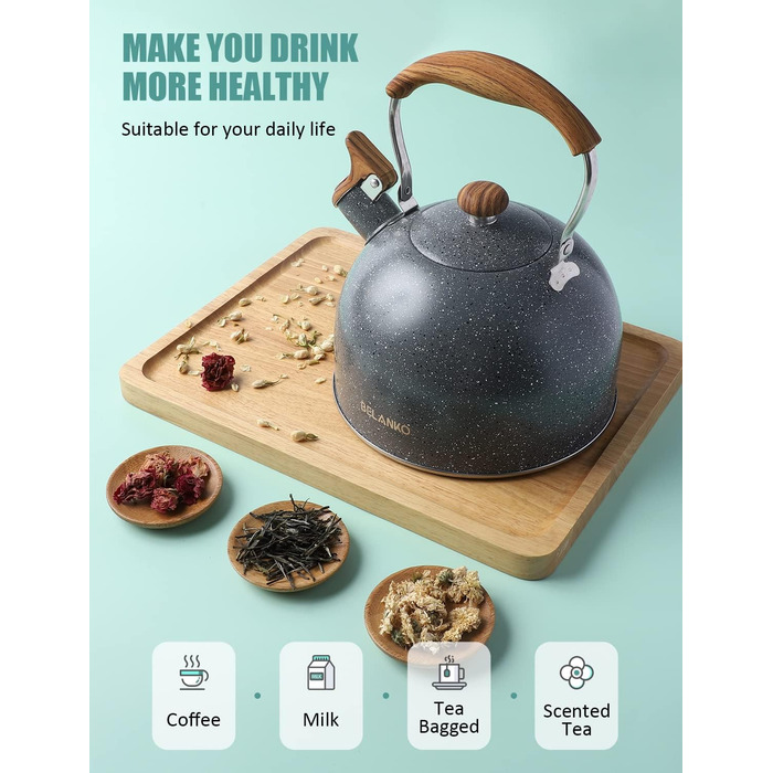 Чайник BELANKO 2,5 л з свистком, нержавіюча сталь, з дерев'ястим декором, складаний ручка, для чаю, кави, молока – блакитний (сірий)