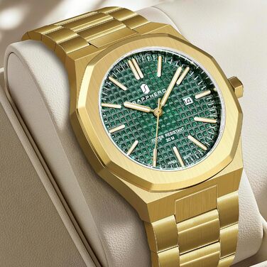 Годинник SAPPHERO для чоловіків: класичні кварцові годинники з нержавіючої сталі, водостійкі 50M, з календарем, зелене циферблат, золотий браслет. Елегантний подарунок для чоловіків.