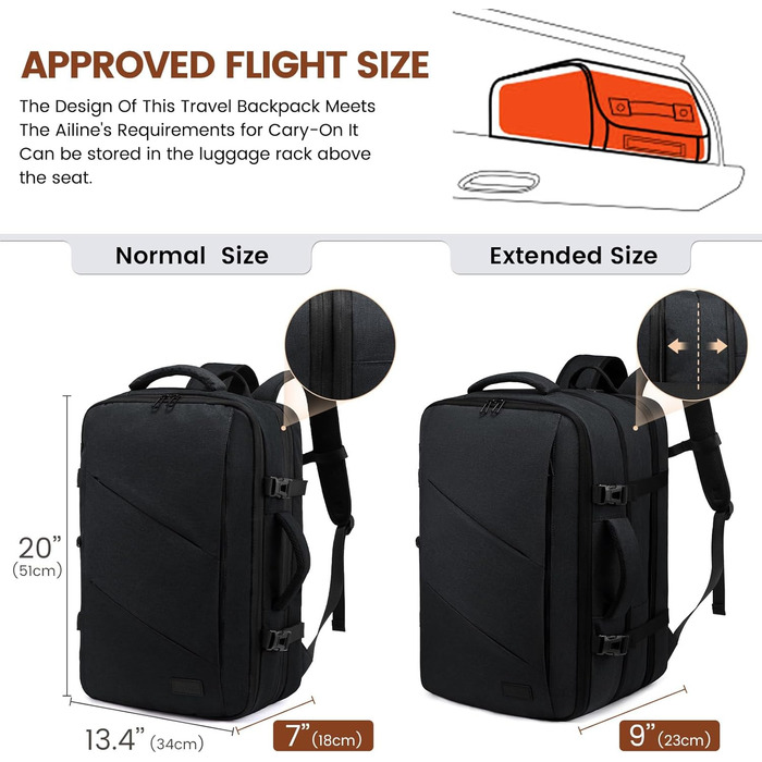 Рюкзак LOVEVOOK 30-40L для подорожей, чорний, з відділенням для ноутбука 17.3 дюйма, антикрадійний, ручна поклажа, розширюваний