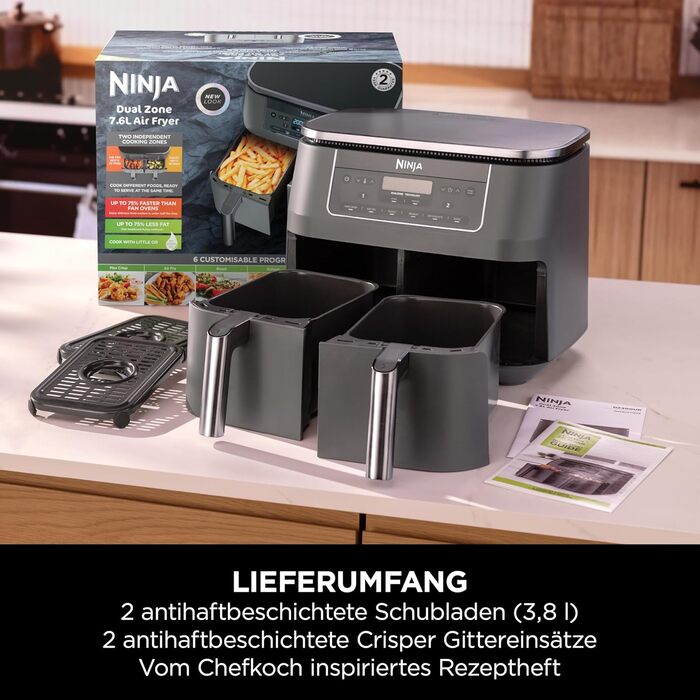 Фритюрниця Ninja Dual Zone Digital Air Fryer DZ400EU, 9.5L, 6-в-1, 2 відсіки, металевий сірий, для смаження, запікання, підігріву