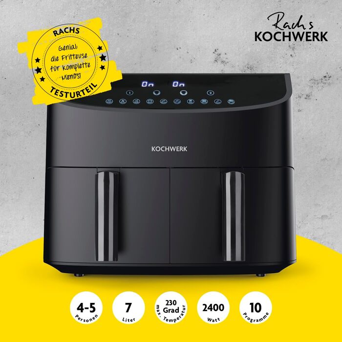 Двокамерна аерофритюрниця Rachs KOCHWERK 7 л, цифрова, сенсорна панель, 10 програм, 2 камери по 3,5 л, нержавіюча сталь, без масла, Smart-Cook, 2400 Вт, чорна