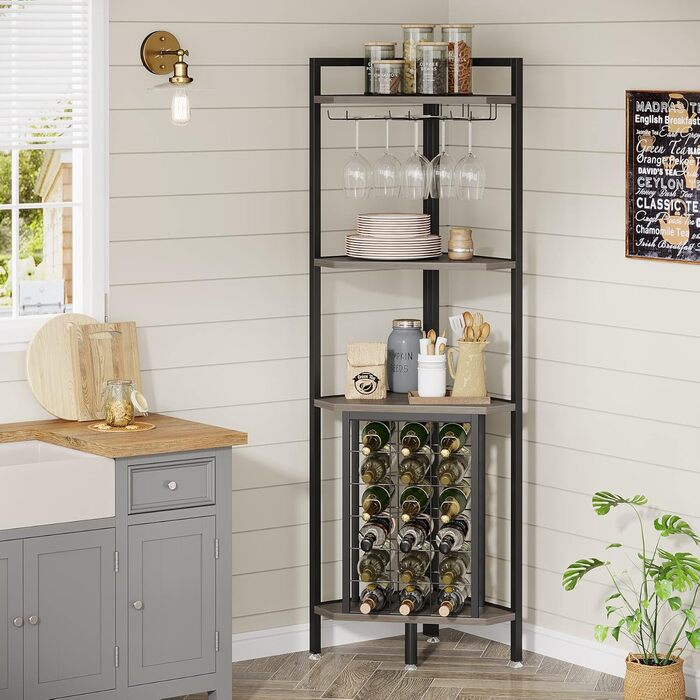 Tribesigns Wine Rack Freestanding Floor, 4-Tier Corner Wine Rack with Glass Holder & Wine Storage, Industrial Wine Rack Wine Bar Cabinet for Bar, Kitchen, Dining Room, Grey