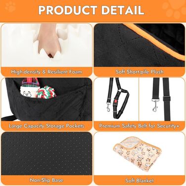 Memory Foam Dog Car Seat for Small Dogs (Under 11kg) - Elevated Design with Storage Pockets